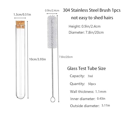 7ml 50pcs Clear Glass Test Tubes 13x100mm with Cork Stoppers and 1pcs 50Holes Plastic Tubes Rack for use in Laboratories, Plant Propagation, Parties, Bath Salts, Candy Storage - size: 13x100mmGlass Test Tube & Tube Rack Set