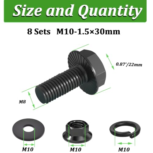 8 Set M10-1.5 x 30mm Flanged Hex Head Bolts,Flange Nuts,Flat & Lock Washers,10.9 Black Zinc Plated,Full Thread, Alloy Steel - color: Black-flange, size: M10-1.5 x 30mm(8 sets)