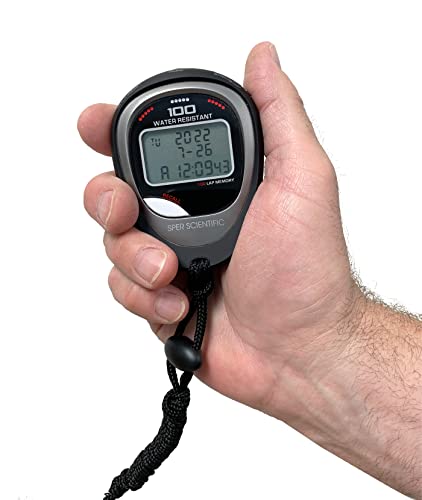 Sper Scientific 100 Memory Water and Shock Resistant Stopwatch 810036A - Stopwatch/Timer with 100 Split/Lap Memory, 20-Hour Countdown, 4 Timing Modes, Pacer, Clock/Calendar, Belt Clip & Lanyard - size: 1 Pack