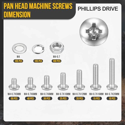 DTGN M4-0.7 Phillips Pan Head Bolt W/Nut Washer 304 Silver 500pcs - size: M4-0.7x5/6/8/10/12/16/20