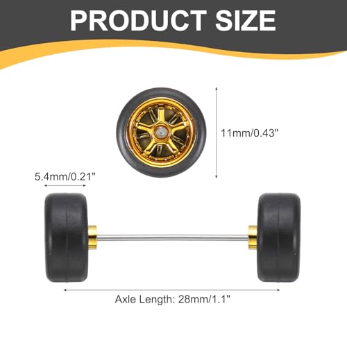 MECCANIXITY 2 Set 1/64 Wheels and Tires Set, Real Riders Rims Includes Axles for RC Diecast Car DIY Model, 5-Spoke Gold Rims