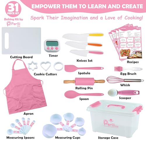 PERLLI Kids Real Cooking and Baking Supplies Gift Set with Case (Pink) - color: Pink