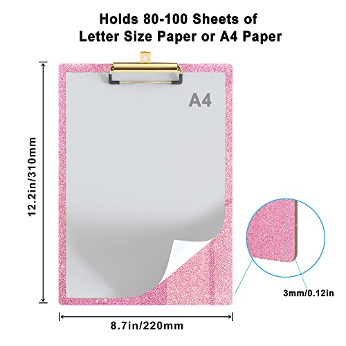 Glitter Acrylic Clipboard Decorative Standard A4 Letter Size 12.2" x 8.7", Fashion Bling Clip Boards with Designed Low Profile Gold Clip for Classroom Office - Warm Pink - color: Warm Pink