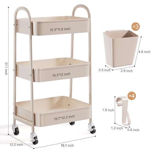 3 Tier Khaki Metal Utility Rolling Cart, Storage Carts with Lockable Wheels - color: Rustic Khaki, size: 3 tier