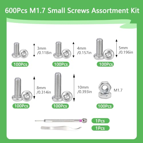 600Pcs M1.7 x 3mm / 4mm / 5mm / 8mm / 10mm Metric Micro Screws Nuts Assortment Kit, Phillips Pan Head, Tiny Machine Screws Assortment for Watch Repair, Electronics, RC Drones, Arduino, DIY Projects - size: M1.7x3/4/5/8/10-600Pcs