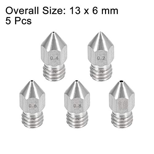 uxcell 5pcs 3D Printer Nozzle Stainless Steel MK8 Nozzle M6 0.2mm,0.4mm,0.6mm,8mm,1mm,Extruder Print Head for 1.75mm 3D Printer