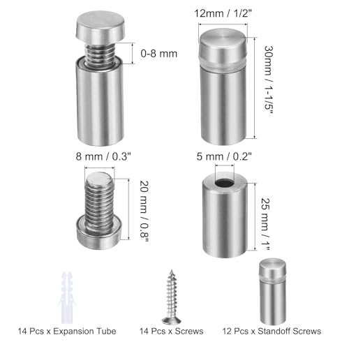 uxcell 12 Pcs 1/2" x 1-1/5" Standoff Screws Stainless Steel Wall Mount Sign Mounting Hardware Kit with 14pcs Screws for Hanging Acrylic Glass Signs Advertising Boards, Brushed Silver - color: Brushed Silver, size: 1/2" x 1-1/5"