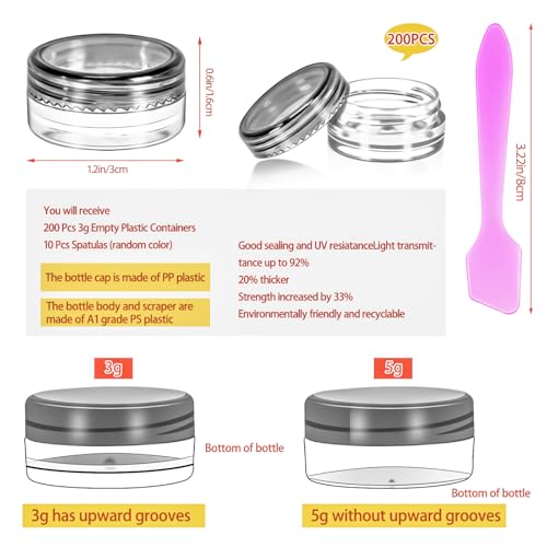 200 Pack 3g Plastic Jars with Lids, 3ml Round Clear Cosmetic Containers Makeup Jars, 3gram Travel Size Container Jar with Spatulas for Makeup Sample Lotion Cream Ointment Salve Balm Powder - color: Black, size: 200PCS
