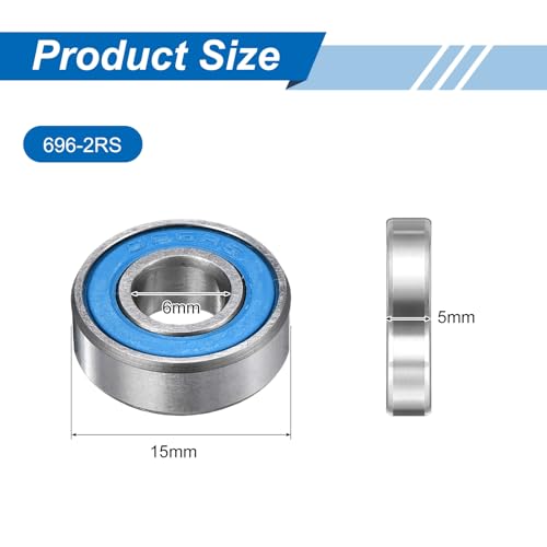 uxcell 8 Pcs 696-2RS Micro Bearings, 6x15x5mm Chrome Steel, ABEC7 - size: 696-2RS