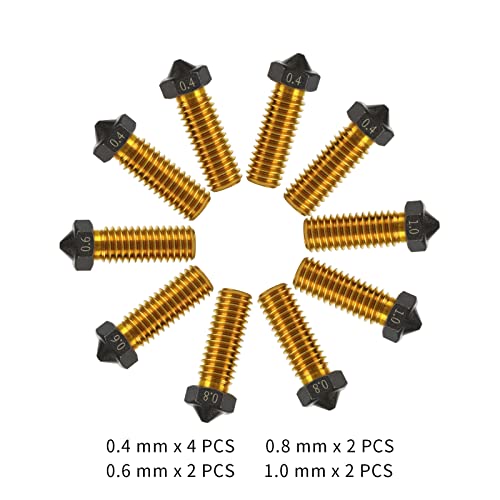 IdeaFormer-3D 10Pcs Volcano PTFE Nozzles 0.4/0.6/0.8/1.0 Hotend Extruder PTFE Volcano Nozzle for Artillery Genius, Sidewinder X1, X2, for Anycubic Vyper, Kobra Plus/Max, for Flsun V400/Super Racer
