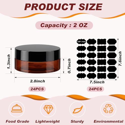 24 Pack 2 oz Amber PET Jars with Black Lids and Labels for Balm Samples - color: Amber with Black Lid, size: 2 oz