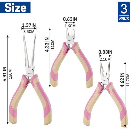 3 PCS Mini Pliers Set, Pink Jewelry Pliers Kit - color: Pink and Yellow