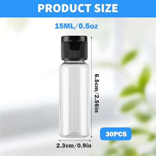 30PCS 15ml 0.51oz Empty Reusable Clear Plastic Sample Bottle With Black Flip Cap Travel Vial Jar Pot Container For Cosmetic Case Emollient Water Liquid Shower Gel Face Cream Emulsion Hand Lotion