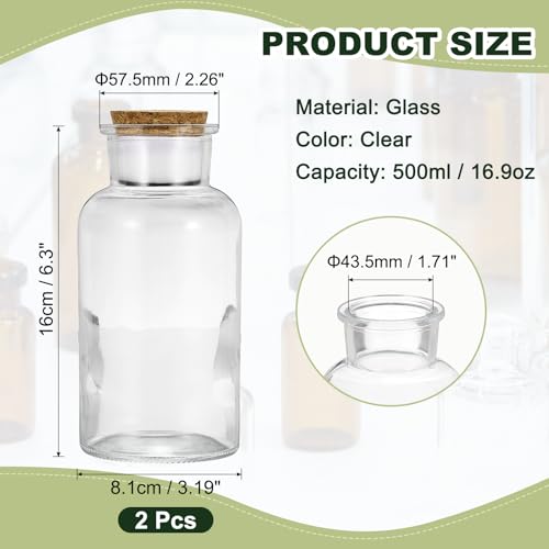 PATIKIL 2Pcs 500ml Glass Reagent Bottle with Wood Stopper,Wide Mouth 16.9oz - size: 500ml