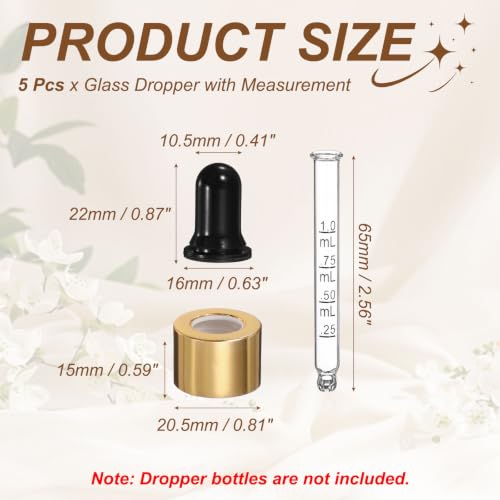 PATIKIL Glass Eye Dropper, 5 Pcs Droppers Liquids Closure Top with Measurement mark for 15ml(1/2oz) Glass Bottles Liquids Essential Oils Dispenser Perfume Storage Lab, Black/Gold Top - color: Black/Gold Top, size: 1/2oz