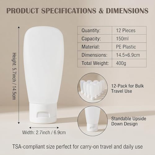 12PCS 150ML/5oz Empty Clear Refillable Cosmetic Soft Tube Squeeze Bottle With Flip Cap Makeup Container Shampoo Facial Cleanser Body Cream Bath Container Portable Cosmetics Travel Set For Women Lady