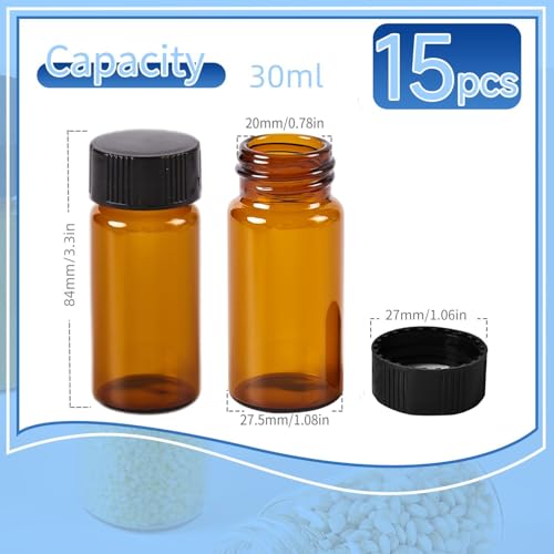 15 PCS 30ML Amber Small Liquid Sample Glass Vials with Screw Caps,27.5x84mm Leak-Proof Vial, 24-400 Black Screw Cap with PE Liners for Lab, Essential Oil, Perfume, Reagents - size: 30ML(27,5*84mm)
