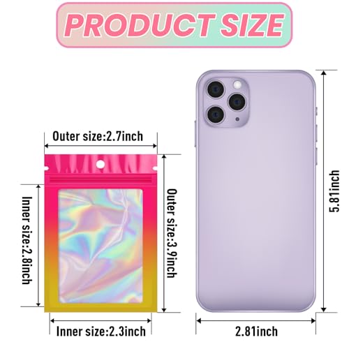 Funfery 100 Pack Gradient Holographic Bags,Mylar Resealable Bags with Zipper,Clear Window Packaging Pouchs,Smell Proof Bag for Food Storage,Sample Jewelry Bag(2.7x3.9In,Hot Pink Orange) - color: Hot Pink Orange, size: 2.7x3.9 Inch