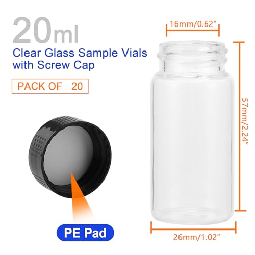 Kesell 20-Pack 20ml Glass Vials with Screw Caps - Small Vials for Essential Oil, and Specimen Samples - Clear Bottles with Lids - size: 20ml