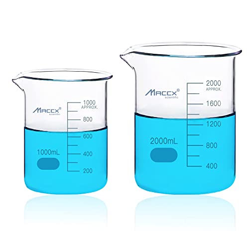 Sturdy Glass Beakers, 2 Sizes of 1000ml 2000ml,3.3 Borosilicate Griffin Low Form with Printed Graduation, BKLS06-002 - style: Vol.1000ml 2000ml
