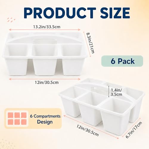 gisgfim 6 Pack Plastic Classroom Caddy with 6-Compartments Plastic Storage Caddies with Handle 6 Compartments Table Caddy Organizer Versatile Table Caddies for Classroom Office Storage, White - color: White