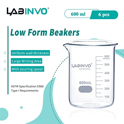 Low Form Graduated Glass Beaker, 6pcs of Vol.600ml, 3.3 Borosilicate Glass Beaker Set, IN-BKL600 - size: 6 PCS of 600 mL