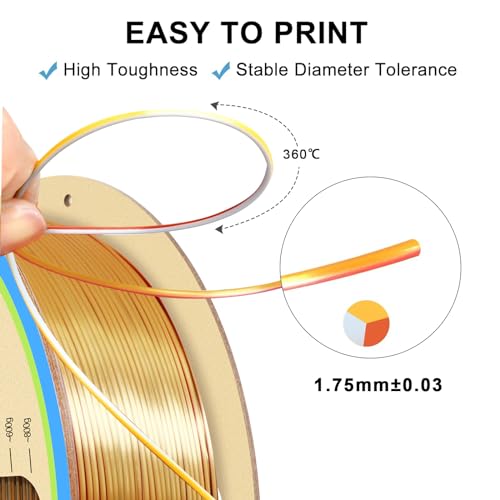YOUSU PLA Filament1.75mm, Triple Color Coextrusion Silk 3D Printer Filament 1.75mm for 3D Printer & 3D Pen, Multicolor PLA Rainbow Filament, 1kg(2.2lbs) Silk PLA Gold Silver Copper. - color: 1-gold/Silver/Copper