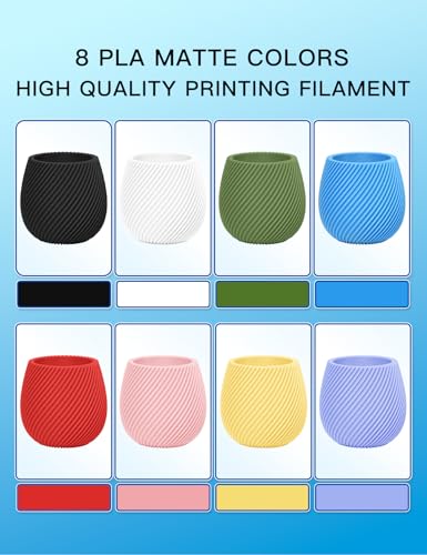 PINBALL 8 KG Matte PLA 3D Printer Filament 1.75mm, Matte Surface Multicolor PLA Filament, Individually Vacuum Packed, 1kg Spool, 8 Rolls, Black+White+Red+Yellow+Blue+Green+Purple+Pink - color: Pla-1kg*8-matte Color, size: PLA-8KG