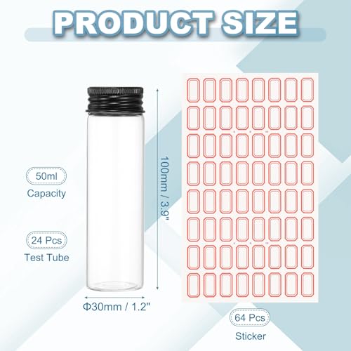 PATIKIL 50ml Test Tubes with Caps, 24Pcs 30x100mm Glass Clear Flat Bottom Test Tube Containers with Plastic Cap for Bead Party Candy Bath Salt Storage Scientific Experiment Plant(Black) - color: Black, size: 30x100mm