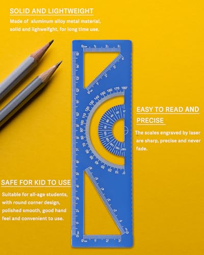 4-in-1 Geometry Set, Metal Math Ruler Kit- Aluminium Protractor, 2 Precision Triangles, Straight Edge Rule - Multifunctional Drafting& Measuring Small Ruler for Kids School - 6 inch, Black - color: Blue