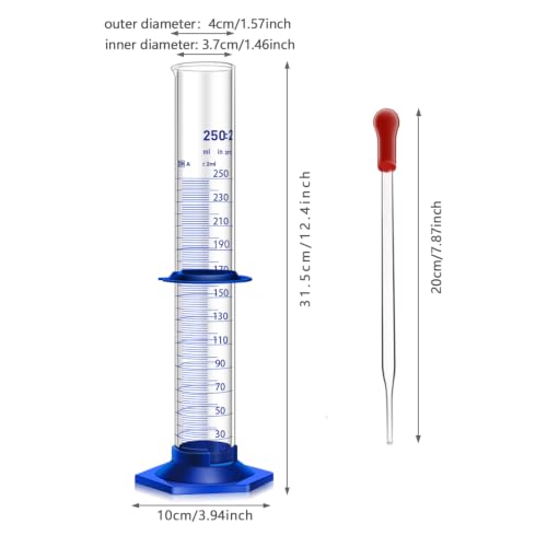 Thick Glass Graduated Cylinder Measuring Liquid Lab Cylinders with Anti-Falling Plastic Base and Bumper Guards and Glass Dropper (Glass, 250ML) - size: 250ML