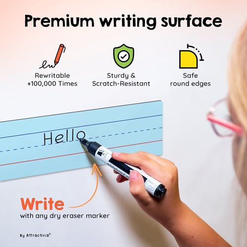 Attractivia Dry Erase Magnetic Sentence Strips for Teachers, Whiteboards & Classrooms - 24" x 3.5" - 6 Colored Sentence Strips - Practice Handwriting, Sight Words, Spelling and Math
