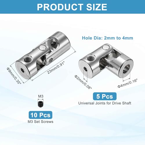 MECCANIXITY 5pcs Universal Joint Shaft Coupling, 2mm to 4mm Inner Dia Rotatable Steering Shaft U Joints Coupler with Screws for RC Car, Robot, Boat Drive Ship Motor Use - size: 2mm to 4mm