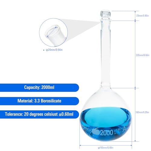 2PCS 2000ML Volumetric Flask, Class A, Glass Stopper for Laboratory - color: Clear Glass, size: 2000ML