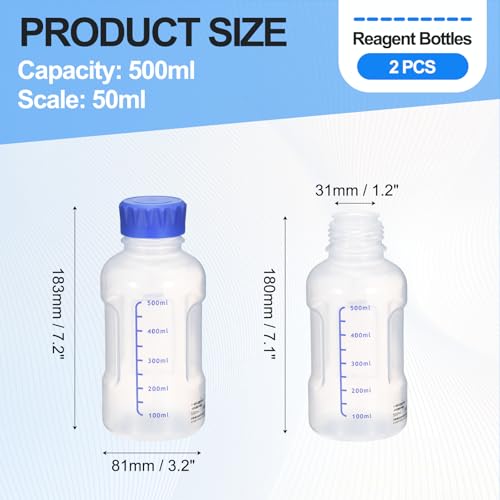 PATIKIL 500ml Reagent Bottle 2Pcs Graduated Storage PP Blue Cap Transparent - color: Transparent, size: 500ml