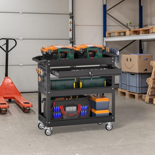 3 Tier Rolling Tool Cart on Wheels, Heavy Duty Service Cart Industrial Utility Cart with Drawer and Screwdriver Rack Pegboard, 550 LBS Mobile Tool Storage Organizer for Garage, Workshop(Black) - color: Black