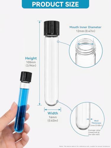 16x100mm Glass Test Tubes with Black Screw Cap, 10ml Boro Glass Test Tubes for Scientific Experiments, Candy Storage, Party and Home Decorations, Plant Propagation and Holiday Gifts, HUAOU, Pack of 10