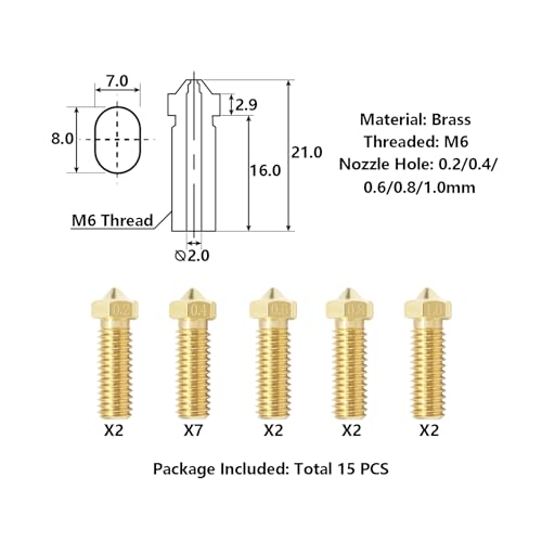 15PCS Nozzles Kit for Anycubic Vyper, 3D Printer 7PCS 0.4mm Brass Nozzles and 2PCS 0.2mm, 0.6mm, 0.8mm, 1.0mm Brass Nozzles Kit for Anycubic Vyper, Kobra Plus, Kobra Max - style: Vyper Brass Multi Size