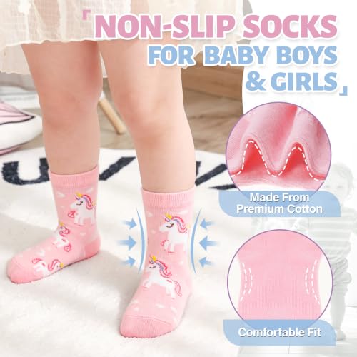 ANTSANG Baby Girls Toddlers Grips Socks, Kids Unicorn Crew Cotton Socks - color: Unicorn Pink, size: 3-5T