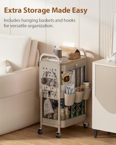 ALVOROG 3 Tier Metal Rolling Cart with Drawer,Wood Top,Pegboards,Khaki - color: Khaki