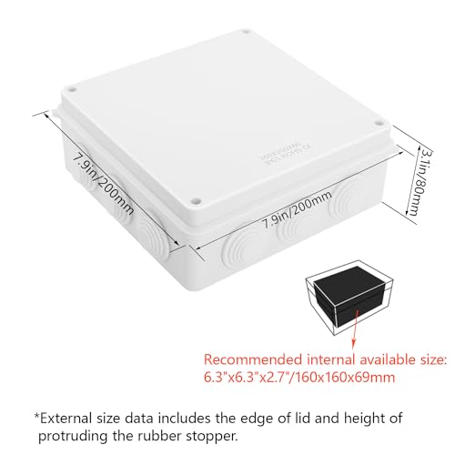 LeMotech ABS Plastic Dustproof Waterproof IP65 Junction Box Universal Electrical Project Enclosure White 7.9 x 7.9 x 3.1 inch (200 x 200 x 80 mm) - size: 7.9" x 7.9" x 3.1" (1pc)