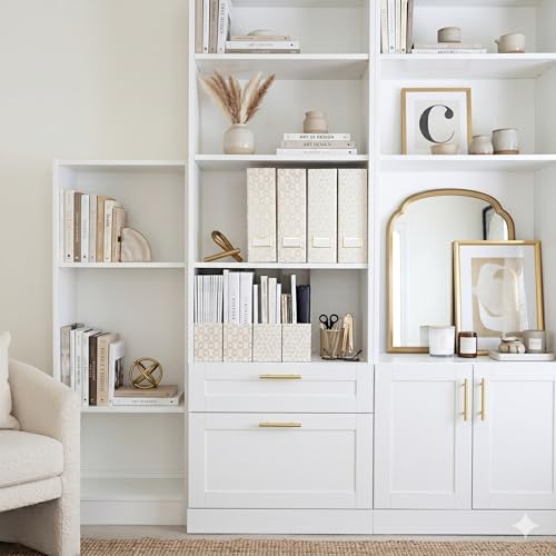 BLU MONACO | Cardboard Magazine File Holder Set of 4 | Vertical Magazine File Holder for Desk and Shelves | Cream Gold Foldable Magazine Holders with Label Slots - color: Cream Gold Woven