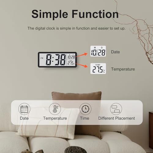 JoFomp LCD Digital Wall Clocks Battery Operated, 8.5" Modern Wall Clocks for Living Room Decor, Simple Digital Wall Clock with Temperature/Date/Time - 12/24H, Small Desk Clock for Bedroom Office - color: Black, size: 8.5 Inch