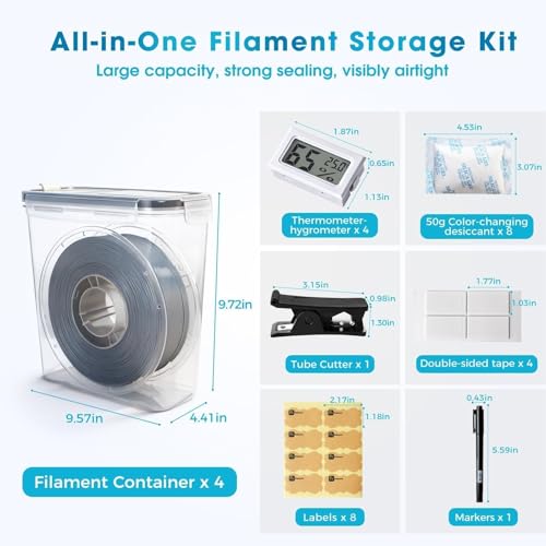 Filament Storage Box - 4 Pack 4L 3D Printer Filament Containers with 4 Hygrometers, Airtight Dry Boxes for Sealing and Protection, Water-Proof & Dust-Proof, Reusable Desiccant, Tube Cutter