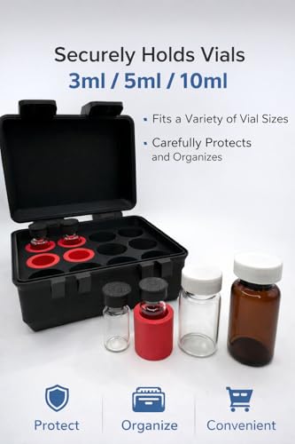 Vial Storage Case Organizer – 12 Slot, Fits 3mL 5mL 10mL Vials – TRT HRT Peptide Insulin Medication Holder – Compact Travel Case with Adapters