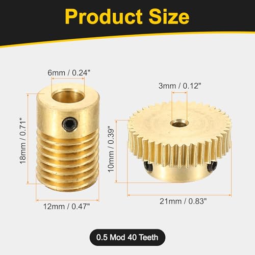 uxcell Worm Gear Set Right Rotation 40T 0.5 Module 1:40 Reduction Rate - size: Gear-3mm, Rod-6mm Bore, style: 0.5M-40T