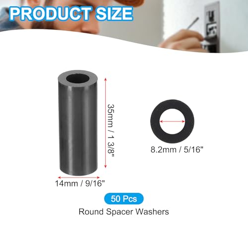 PATIKIL 50Pcs M8 ABS Spacers 5/16" ID x 9/16" OD x 1 3/8" L Plastic Round Spacer Washers Black Standoff Nut Unthreaded for M8 or 5/16 inch Screws Bolts Electrical Outlet - size: 5/16" ID x 9/16" OD x 1 3/8" L