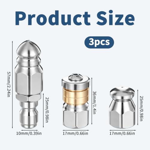 3Pcs Sewer Jetter Nozzle, Pressure Washer Sewer Jetter Nozzle Kit