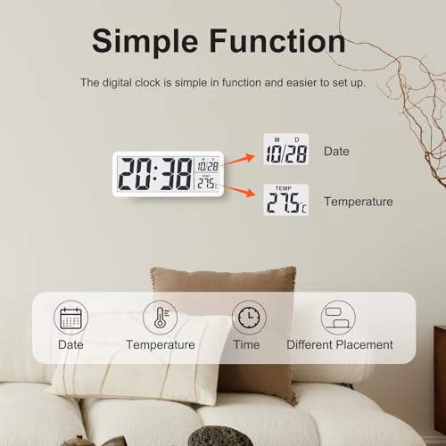 JoFomp LCD Digital Wall Clocks Battery Operated, 8.5" Modern Wall Clocks for Living Room Decor, Simple Digital Wall Clock with Temperature/Date/Time - 12/24H, Small Desk Clock for Bedroom Office - color: White, size: 8.5 Inch