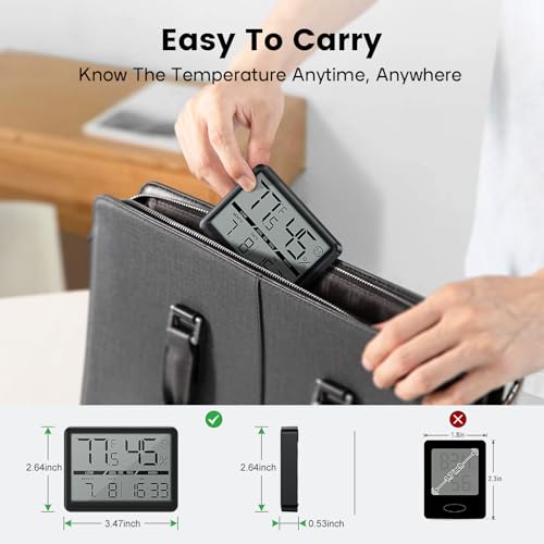 Deeyaple Humidity Meter Thermometer Digital Travel Clock Magnetic Battery Powered High Accuracy Display Temperature(℉/℃) Date 12/24H Time LCD Large Number Outdoor Indoor Hygrometer No Alarm